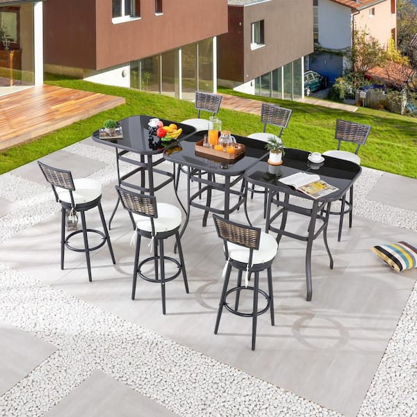 Patio Festival 9-Piece Wicker Bar Height Outdoor Dining Set with Beige Cushions