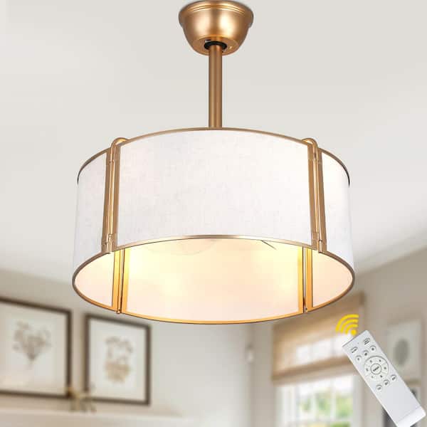 19 in. Indoor Gold Caged Ceiling Fan with Light and Remote, White Fabric Reversible Fandelier with 6 Speeds