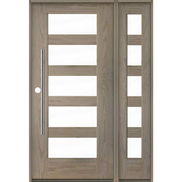 Krosswood Doors Faux Pivot 50 in. x 80 in. 5-Lite Right-Hand/Inswing Clear Glass Oiled Leather Stain Fiberglass Prehung Front Door w/RSL