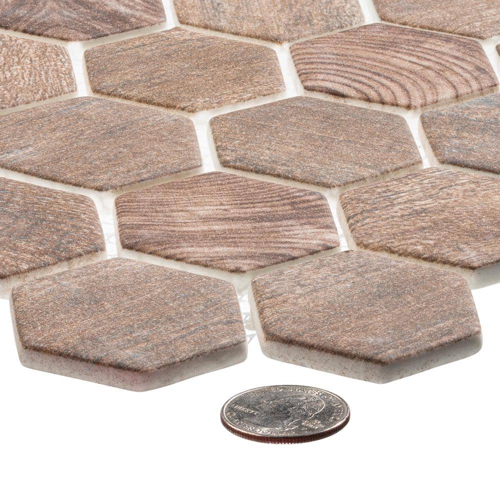 Cherri Hexagon Glass Mosaic Tile with Wood Look