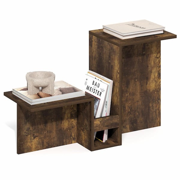Furinno BOYATE Side Table, Valley Shaped End Table, with Tiered Levels and Magazine Rack, for Living Room, Amber Pine