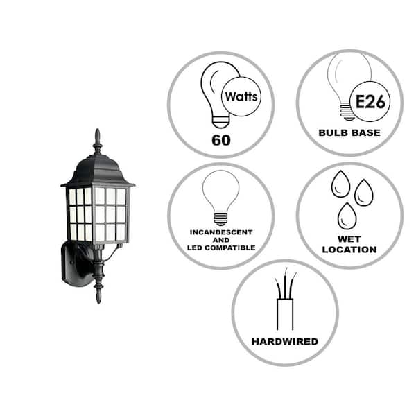 San Gabriel 1-Light Black Coach Outdoor Wall Light Fixture with Frosted Glass