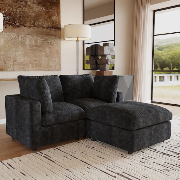 Modular 67 in. Square Arm Chenille Minimalist L-Shaped Sofa Cloud Couch with Removable Covers for Home Office in. Black