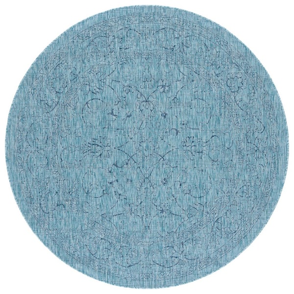 Courtyard Aqua/Navy 7 ft. x 7 ft. Border Floral Scroll Indoor/Outdoor Round Area Rug