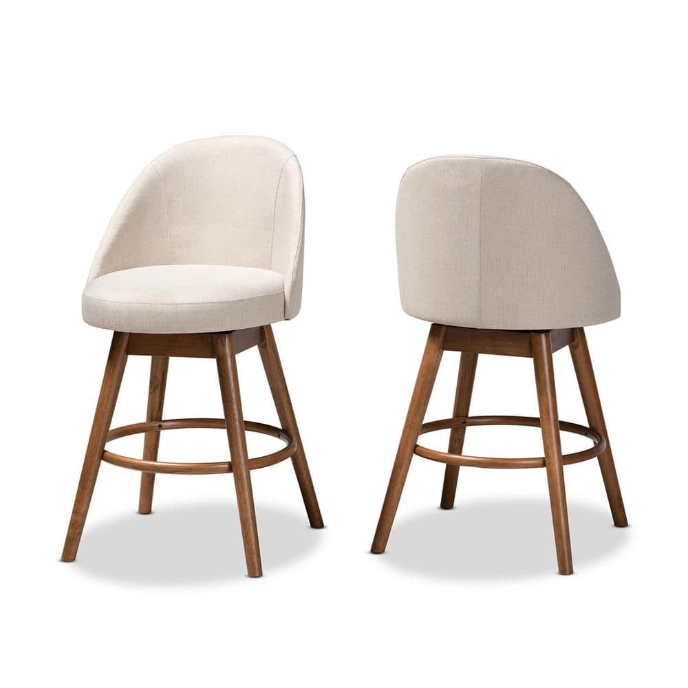 Light Beige Fabric Upholstered Walnut Wood Swivel Counter Stool Set