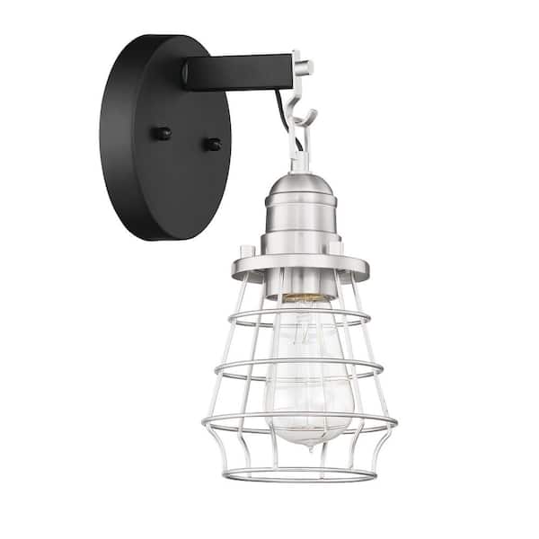Thatcher 11 in. 1 Light Flat Black/Brushed Polished Nickel Finish Wall Sconce with Steel Wire Shade