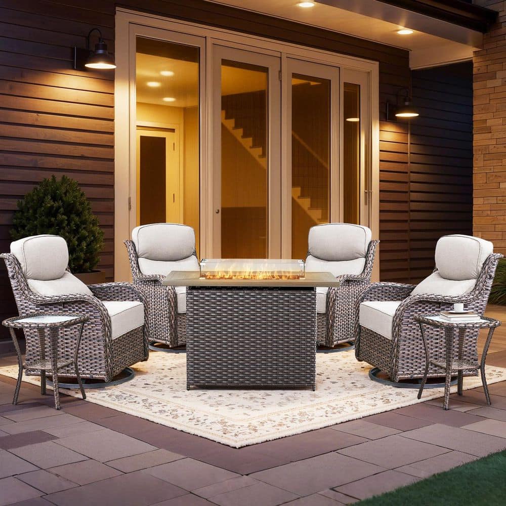 Holion 7-Piece Fire Pit Patio Set Brown Wicker Outdoor Conversation Set with Rocking Glider Chairs and Beige Cushions price history on PriceWatchPro