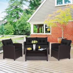 4-Pieces Outdoor Conversation Set Patio PE Rattan Set with Glass Table & Sofa Cushions Black