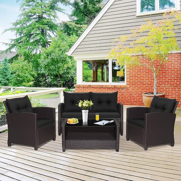 4-Pieces Outdoor Conversation Set Patio PE Rattan Set with Glass Table & Sofa Cushions Black