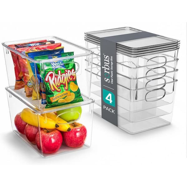 4 Plastic Storage Bins, Clear Kitchen, Pantry, and Bathroom Organizer with Lids and Handles
