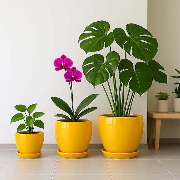 OGETFUUR Yellow Ceramic Round Flower Planter with Drainage Hole