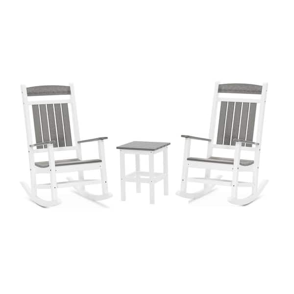 Durogreen Classic White And Driftwood 3 Piece Plastic Outdoor Rocking Chair Set Cr4322setwhdw 