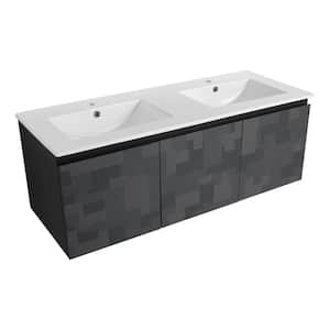 48 in. W Floating Wall-Mounted Bath Vanity in Tetris with White Double Bowl Ceramic Top