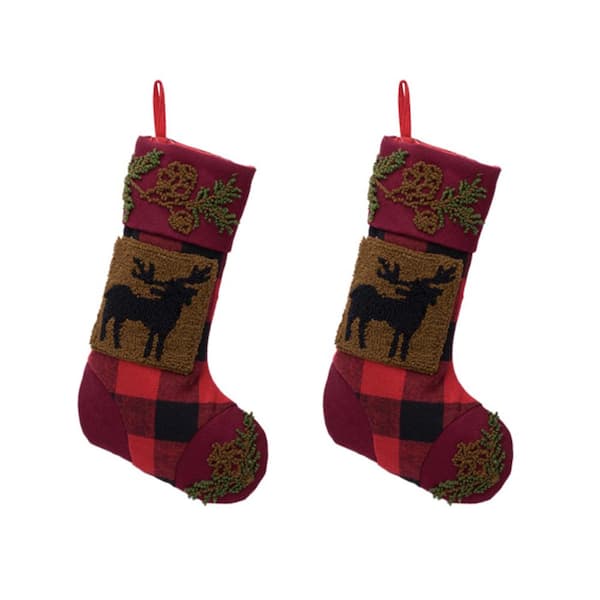 Glitzhome 19 in. Plaid Polyester Stocking with Rug Hooked Reindeer (2-Pack)