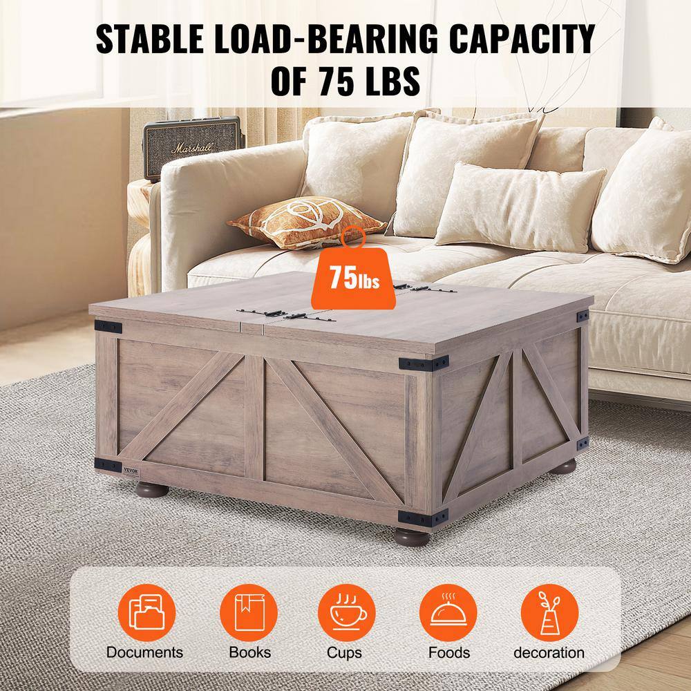 Gray-Brown Wood Square Lift-Top Coffee Table with Storage