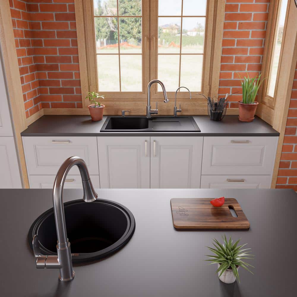 34'' Black Granite Single Bowl Kitchen Sink with Drainboard