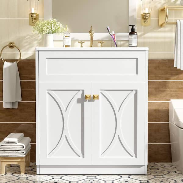 30 in. Bath Vanity Freestanding White Storage Cabinet with White Ceramic Top, Soft Closing Doors