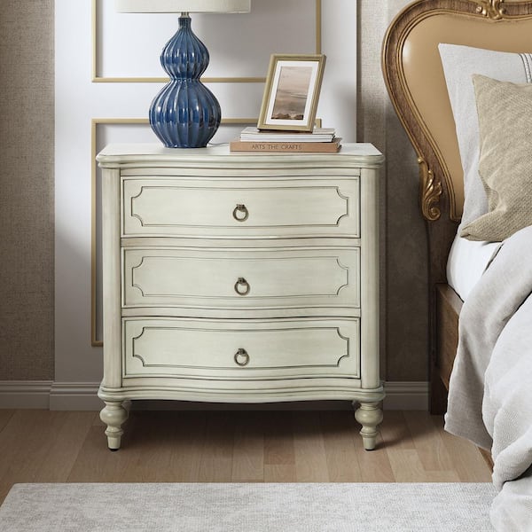 JAYDEN CREATION Egmund Traditional 3-Drawer Nightstand with Solid Wood Legs and Built-In Outlets-White