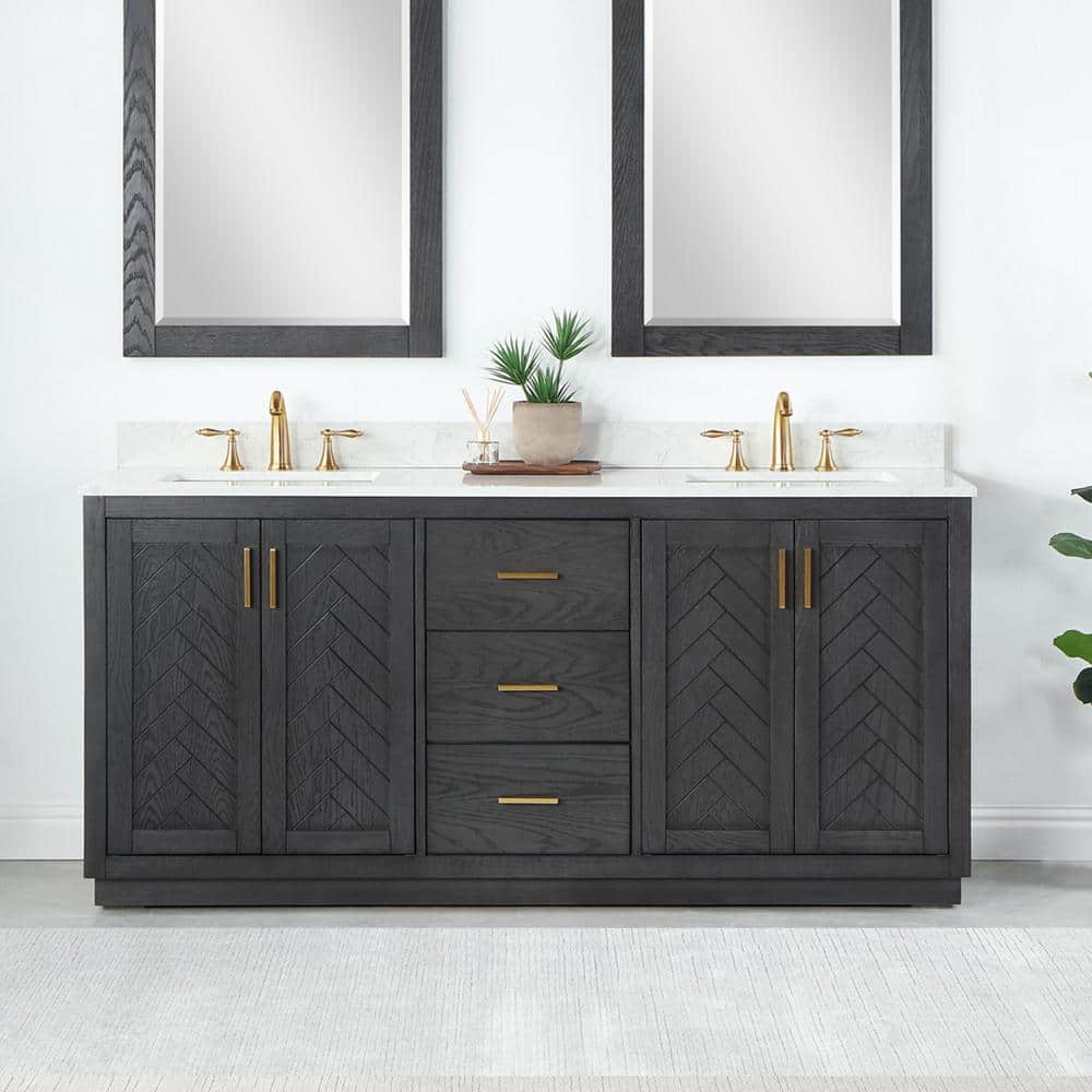 Gazsi 72" Brown Oak Double Bathroom Vanity with Composite Stone Top