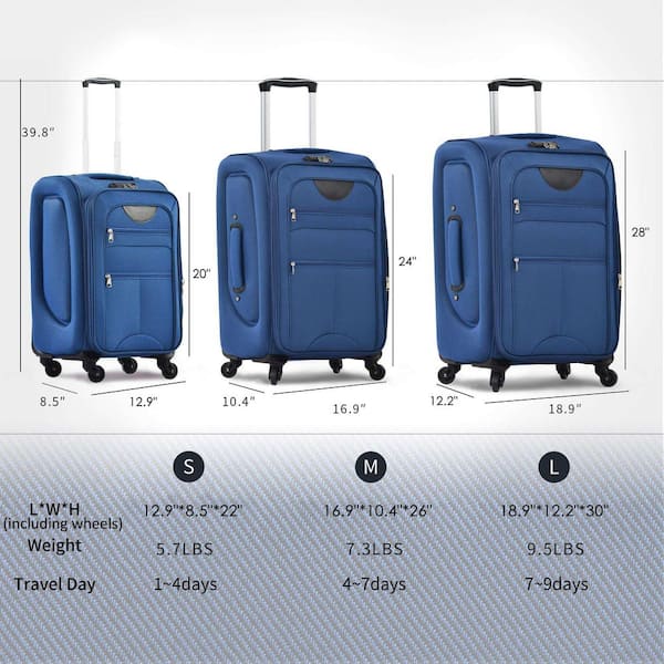 3-Piece Blue Upright Spinner Softshell Lightweight Luggage Set