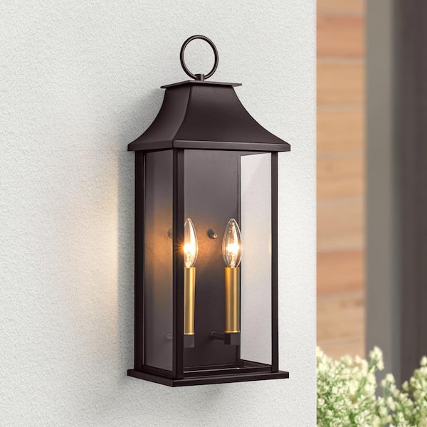 Montpelier 20.6 in. 2-Light Oil-Rubbed Bronze Dusk to Dawn Outdoor Hardwired Wall Lantern Scone