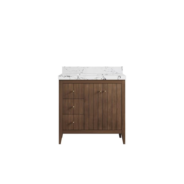 Willow Collections Atlanta Teak 36 in. Single Sink Freestanding Dark Natural Bath Vanity with Viola Night Qt. Top Unassembled