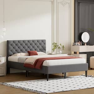 Gray Wood Frame Full Size Platform Bed with Linen Upholstered