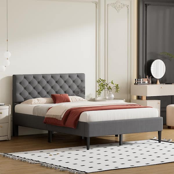 Polibi Gray Wood Frame Full Size Platform Bed with Linen Upholstered