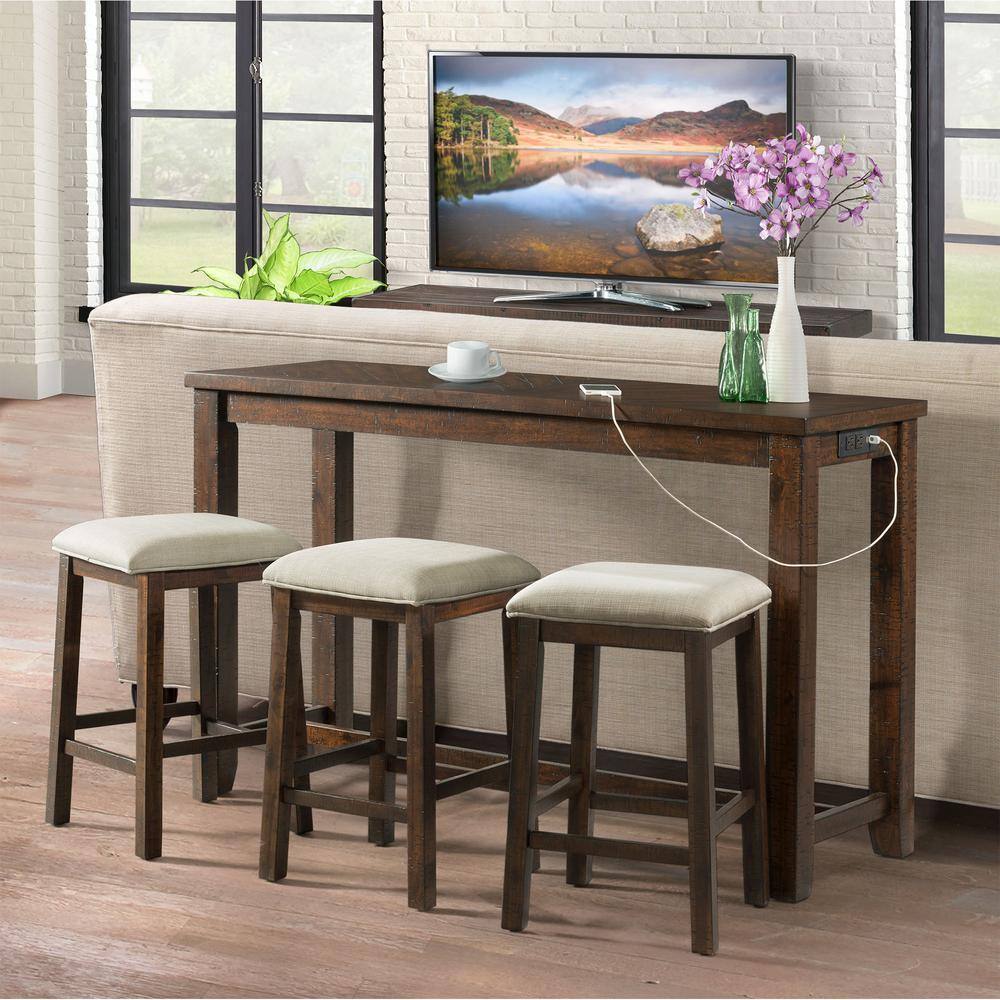 Walnut Rectangular Rustic Multipurpose Bar Table Set with Beige Upholstery
