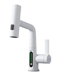 Digital Display Basin Faucet Single Handle Deck Standard Kitchen Faucet with Lift Up Down Stream Sprayer in White