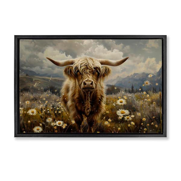 Stupell Industries Cattle in Daisy Field by LSR Design Studio Black Floater Frame Animal Graphic Art Print 21 in. x 31 in.