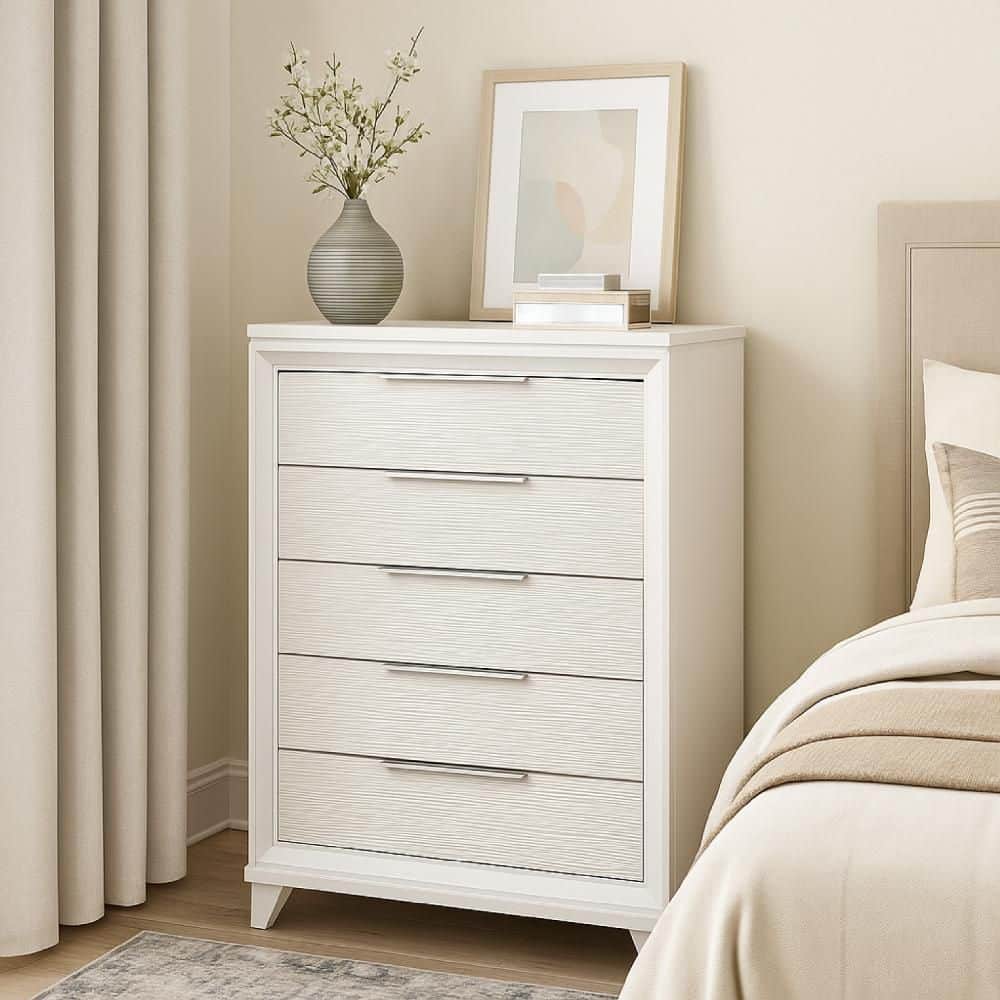 white and silver dresser Modern Glam Of 7 Drawers Glitter Hidden Jewelry Drawers Ball Bearing Glides Modern Wooden Bedroom Furniture Silver White The unique styling of the Luster Collection presents a glamorous option for your bedroom STRADA White Alligator Texture 67"
