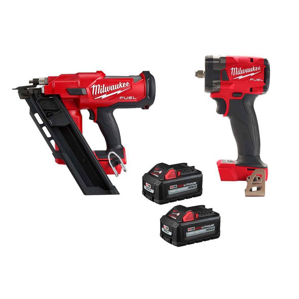 M18 FUEL 3-1/2 in. 18-Volt 30-Degree Lithium-Ion Brushless Cordless Nailer w/3/8 in. Impact w/Two 6Ah HO Batteries -  Milwaukee, 2745-20-2854-20