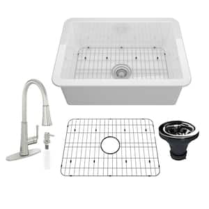 All-in-one Glossy White Fireclay 27 in. Single Bowl Undermount Kitchen Sink with Infrared Sensor Faucet and Accessories