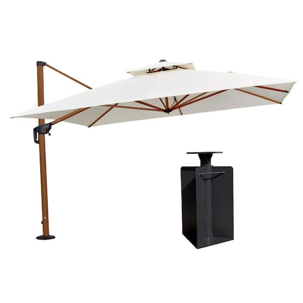 PURPLE LEAF 11 ft. Square High-Quality Wood Pattern Aluminum Cantilever Polyester Patio Umbrella with Base in Ground, Cream