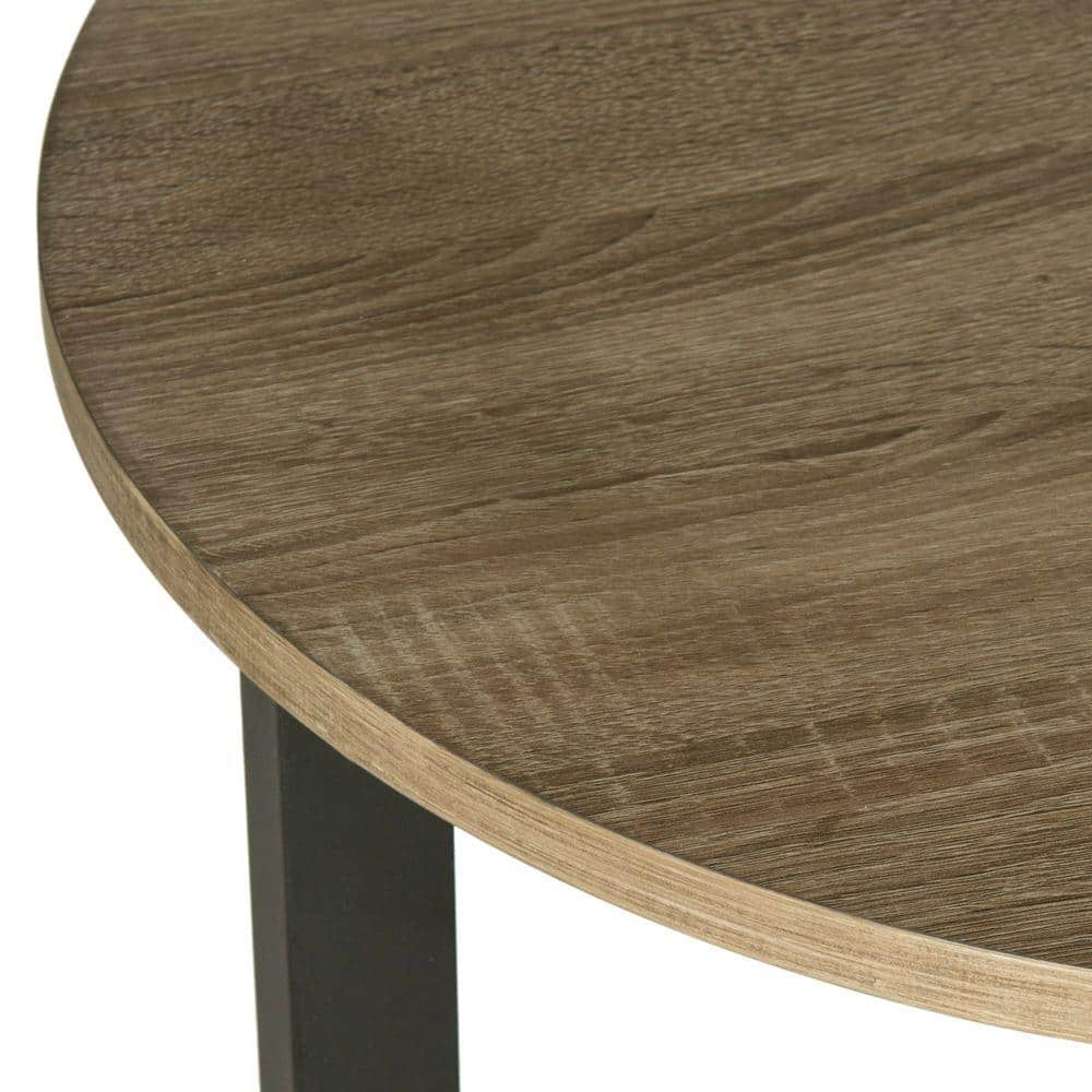 Leonard Round Oak and Black Metal End Table