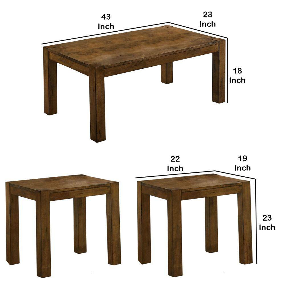 Brown Wooden Coffee Table and End Tables Set with Block Legs