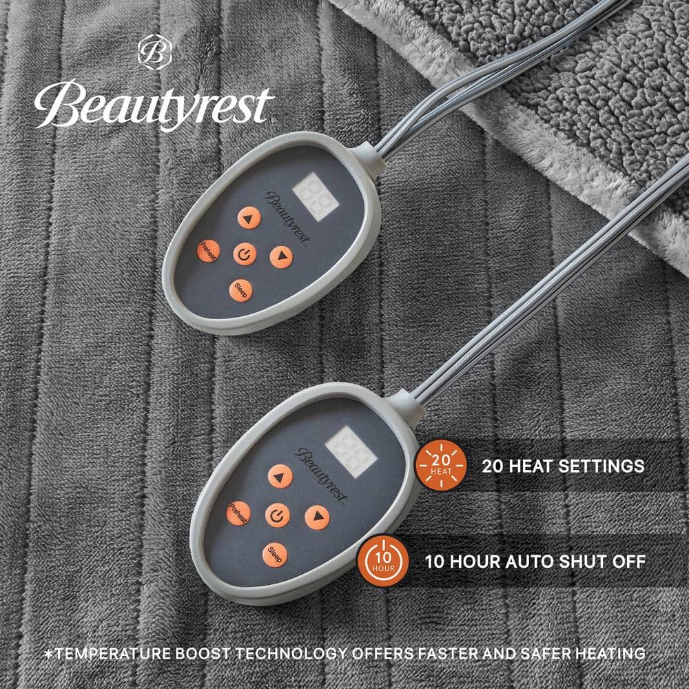 Twin Gray Reversible Fleece Heated Blanket with Controller
