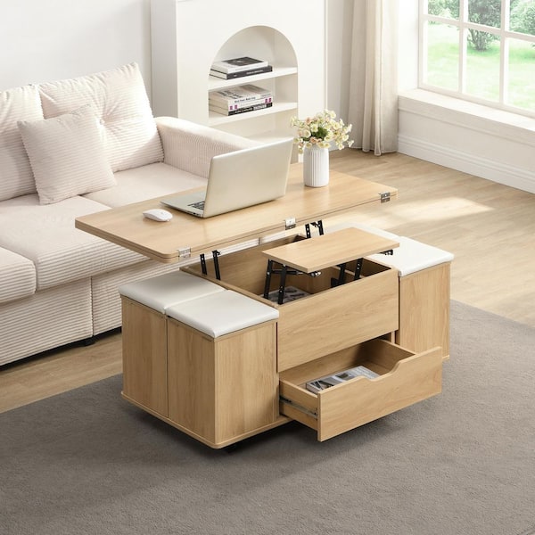 Chance Multi-Functional 39.4 in. Natural Rectangle MDF Lift-Top Coffee Table with 4 Cushioned Stools, Storage, Casters