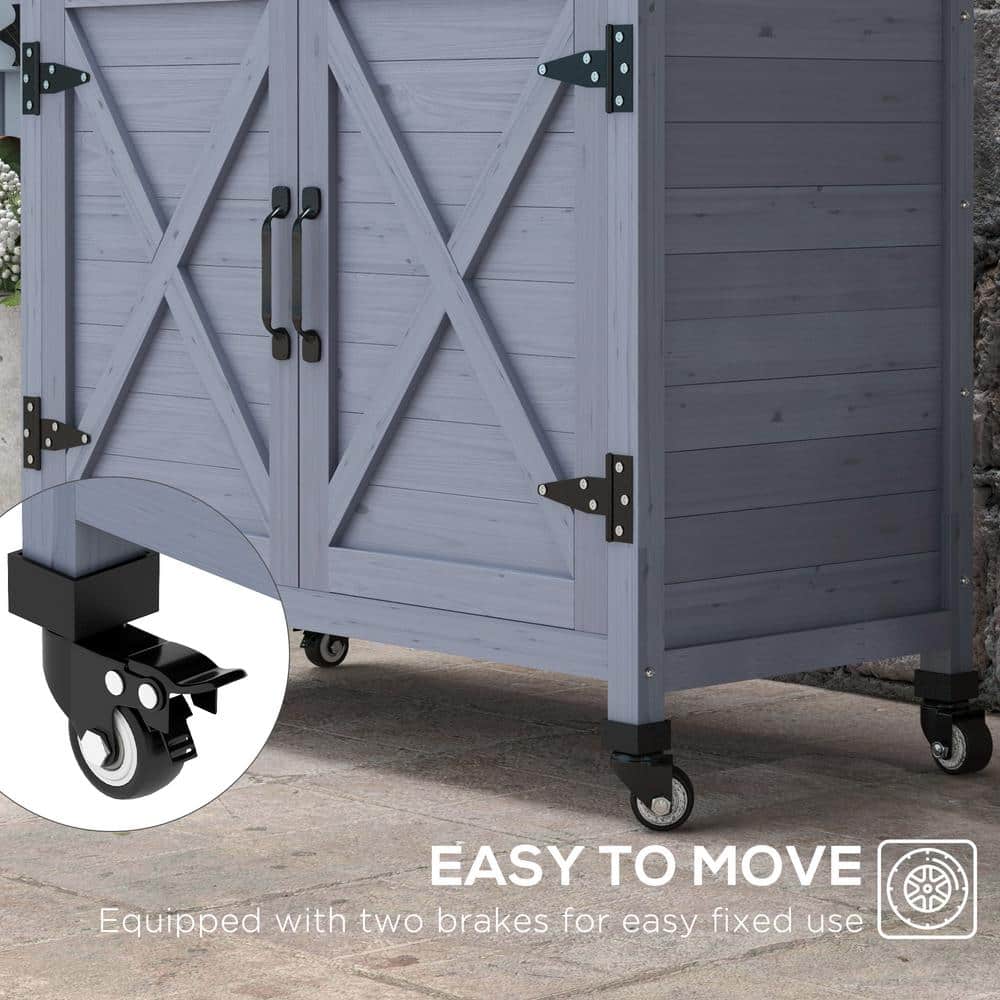 Gray Wooden Potting Bench with Aluminum Top and Storage