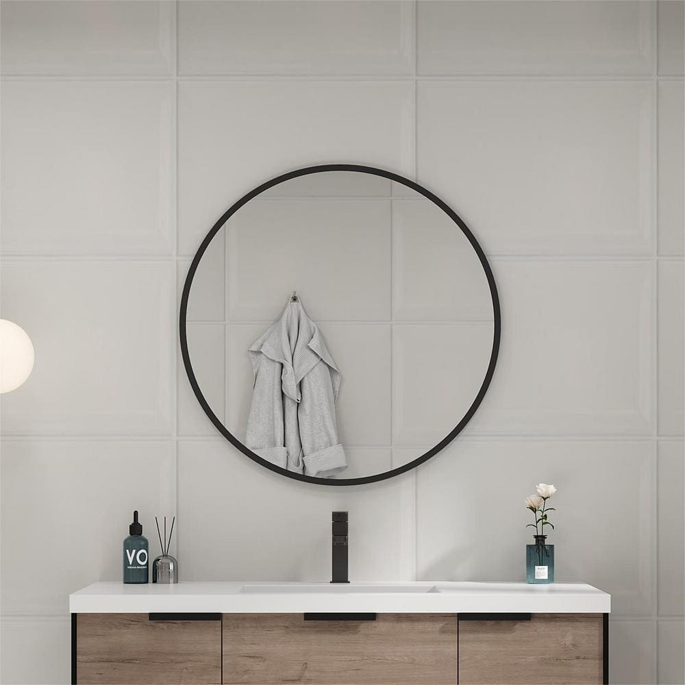 ANGELES HOME 24 in. W x 24 in. H Round Aluminum Framed Wall Bathroom