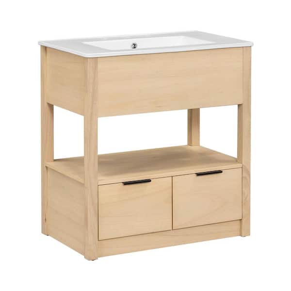 30 in. W Single Sink Freestanding Bath Vanity in Natural with White Ceramic Top, Open Storage Shelf and 2 Drawers