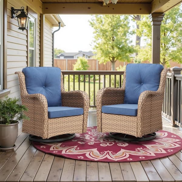 ArcoBay Metal and Yellow Wicker Outdoor Rocking Chair Patio Swivel Chairs with Olefin Navy Blue Cushions (2-Pack)