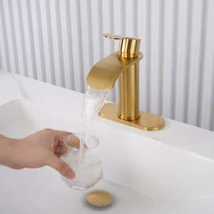 Single Handle Single Hole Waterfall Spout Bathroom Faucet with Deckplate Included in Gold