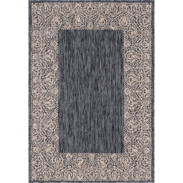 Outdoor Floral Border Charcoal Gray 4 ft. x 6 ft. Area Rug