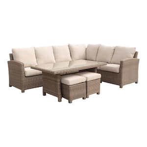 Capri 7-Piece Sectional Aluminum with Chow Dining and Middle Extension Chair with Cream Cushions