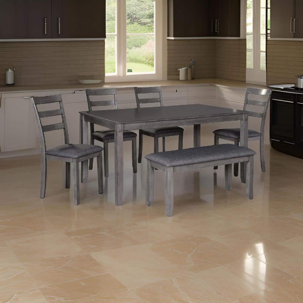 Gray Wooden Dining Table Set with Padded Chairs and Bench