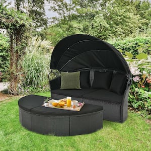 Wicker Patio Round Daybed Outdoor Day Bed with Retractable Canopy Rattan Sectional Seating Black Cushions