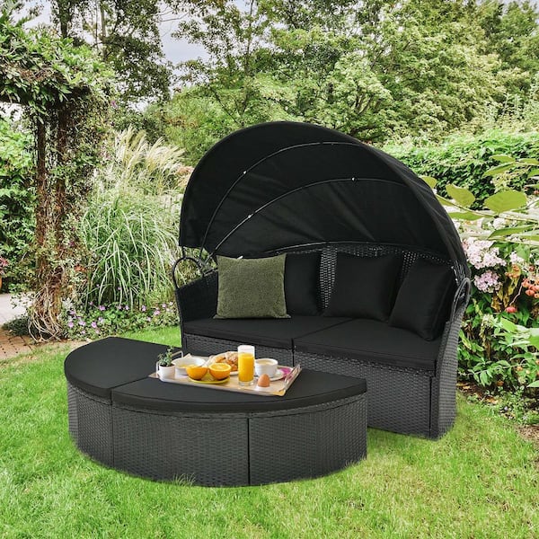 Wicker Patio Round Daybed Outdoor Day Bed with Retractable Canopy Rattan Sectional Seating Black Cushions
