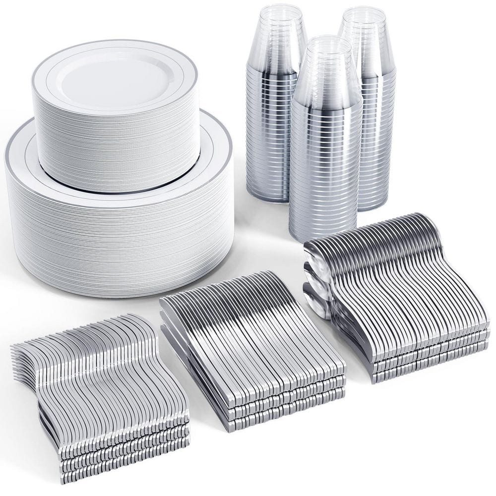 600-Piece Silver Disposable Plastic Dinnerware Set Service for 100, Includes Plates, Cups, Cutlery Set for Wedding price history on PriceWatchPro